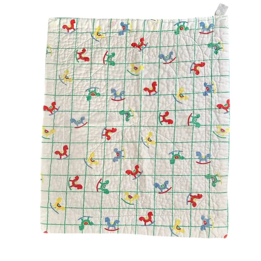Vintage 80s Quilted White Green Grid Rainbow Rocking Horse Print Baby Blanket